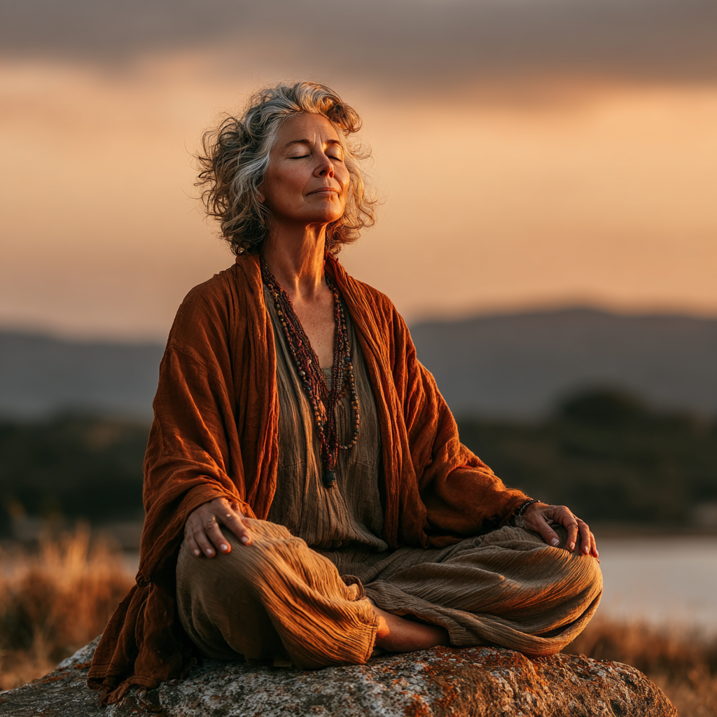 Peaceful woman in her 50s practicing yoga meditation pose in serene natural setting, wearing comfortable earth-toned clothes