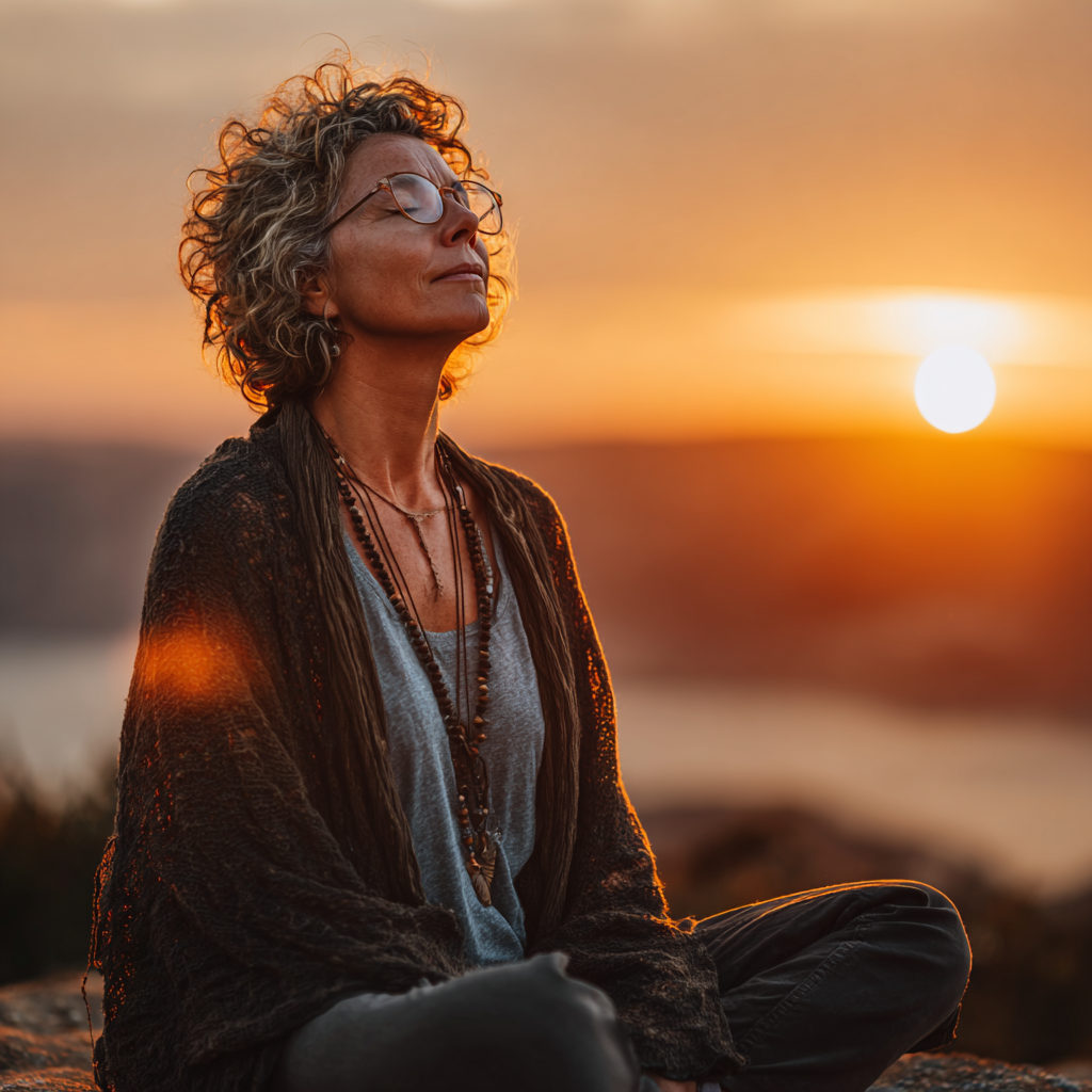 Serene woman in her early 50s sitting in lotus position during sunset, embodying peaceful yoga philosophy and connection with nature